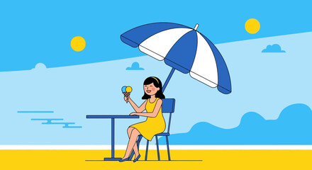 Fototapeta premium Relaxing Summer Day: A Woman Enjoying Ice Cream On A Sandy Beach With Parasol
