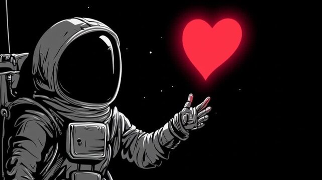 Astronaut reaches out for a glowing red heart in dark space, filled with tiny white stars