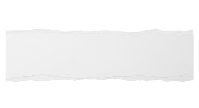 A horizontal strip of white torn paper with rough uneven edges, realistic fiber texture, minimal shadow, isolated on neutral background, modern stationery style