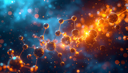 Stylized molecular structure with glowing atoms and bonds in blue-hued background, evoking futuristic scientific visualization.