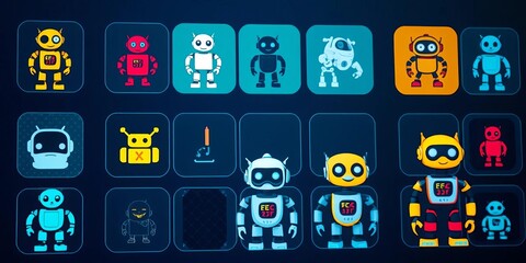 Multiple robot icons displayed on a screen, various styles, circuit, program