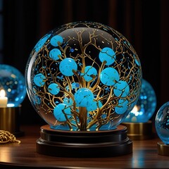 Handcrafted Blown Glass Spheres With Artistic Blue Light Display Background