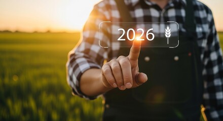 Farmer's Vision for 2026 Harvest: Innovation and Technology in Agriculture, Promising Abundant Crops Under Golden Sunset