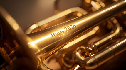 Obraz premium Close-Up Golden Trumpet with “Happy 2026” Engraving, Warm Lighting