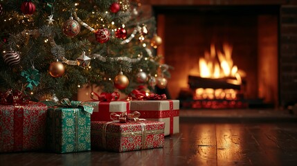 Cozy christmas interior evening scene with christmas tree and presents