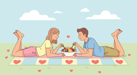 Romantic couple enjoys a picnic in a park with a fruit bowl on a sunny day