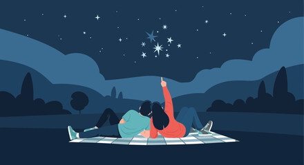Romantic Couple Gazing At The Stars Under The Night Sky And Sharing a Special Moment
