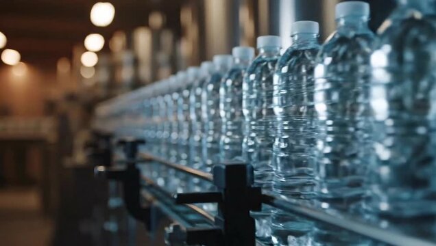 Clear plastic water bottles aligned on a conveyor belt in a bottling factory production line view