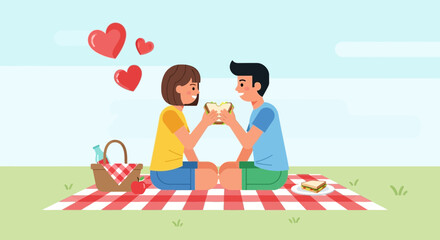 Romantic Picnic Featuring Couple Sharing a Sandwich with Hearts Symbolizing Affectionate Bonds