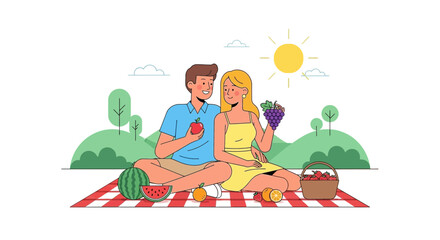 Romantic Picnic Illustration: Couple Enjoying Relaxing Time Outdoors with Food and Nature
