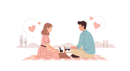 Romantic Picnic Illustration Depicting Affectionate Couple Enjoying Quality Time Outdoors
