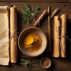 Rustic Flat Lay Of Scrolls Bound With Bark and Turmeric Pigment On Wood Background