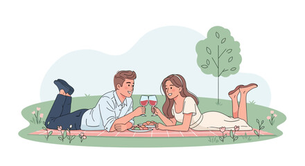 Romantic Picnic Illustration: Couple Sharing Wine And Delights On A Sunny Day