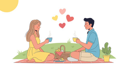 Romantic Picnic Illustration Of Couple Enjoying Coffee, Sunshine And Shared Moments