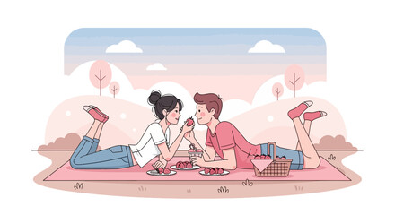Romantic Picnic Scene Depicting Couple Joyfully Sharing Fresh Strawberries Outdoors