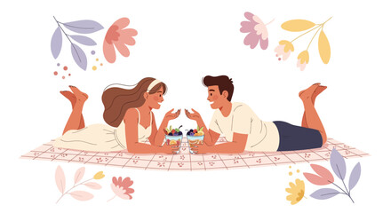 Romantic picnic illustration with couple, flowers and desserts sharing quality moments