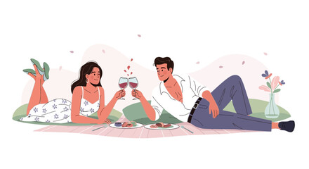 Romantic picnic scene with couple enjoying wine and food on a sunny day
