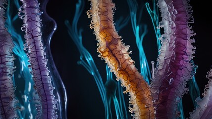 Delicate Fibrous Kombucha Culture Macro With Bioluminescent Cyan Violet Glow Backdrop