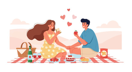 Romantic Picnic Scene with Couple Sharing Food and Holding Hands against a White Background