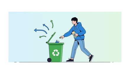 Recycling Process: A Young Person Disposes Of Waste Into A Dedicated Container