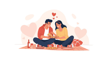 Romantic picnic with pizza and wine, couples enjoying a date, vector illustration style