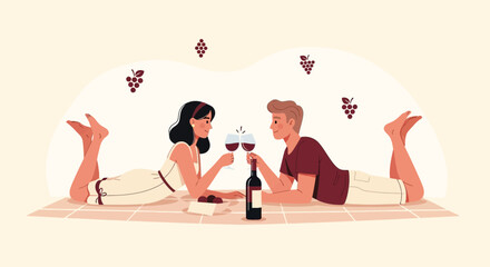 Romantic Picnic With Wine, Toasting And Romance Between Two Happy Individuals