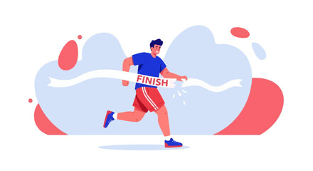 Runner Crossing The Finish Line, Achieved Goals, Success, Victory, And Celebration