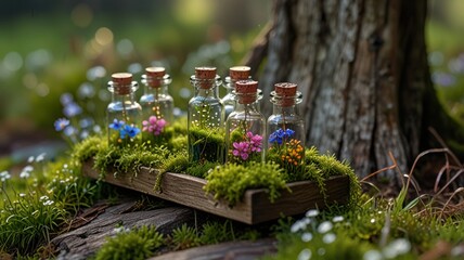 Enchanted Herbal Vials on Mossy Wood, Glowing Rainbow Flowers and Fairy Light Sparkles