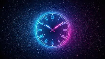 A neon clock with roman numerals and blue and pink glow against a dark speckled background