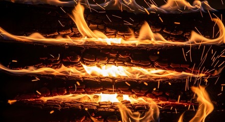 Intense bright orange and yellow flames lick and dance across stacked logs in a dark fiery abstract background with glowing embers