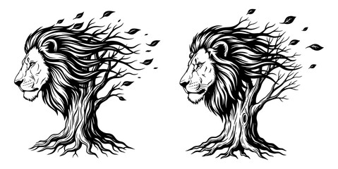 Vector art of two lion head illustrations with tree trunk bodies, black and white drawing