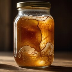 Fermentation Jar with Kombucha Culture in Amber Tea, Close-Up Wellness Drink Concept
