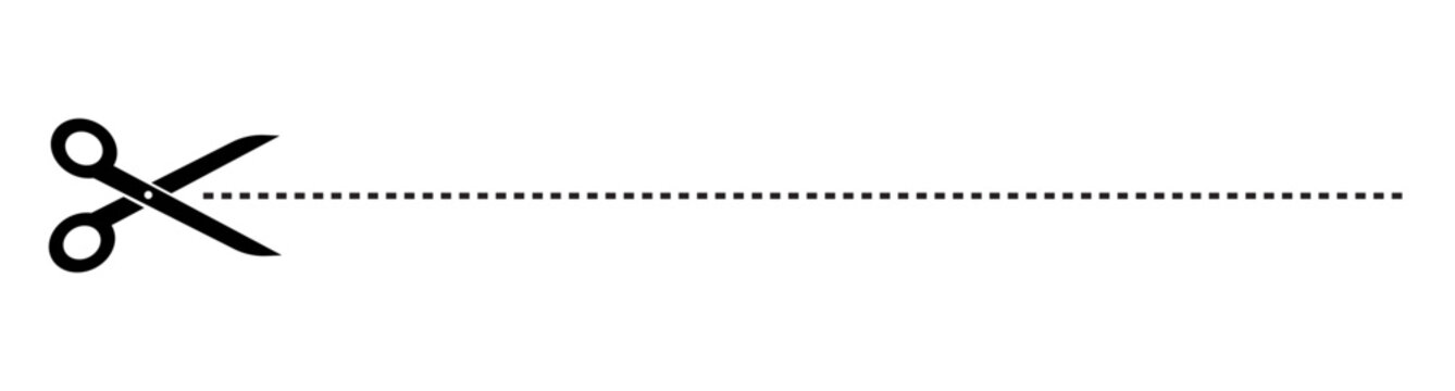 Scissors Cut Here Icon with Dotted Line, Coupon Cut Path, and Dashed Border Symbol
