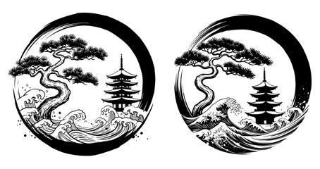Obraz premium Vector art of two variations of a japanese landscape with a pagoda, pine tree, and waves
