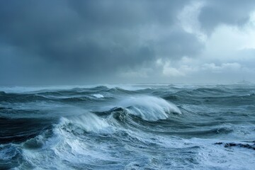 Obraz premium Beauty of Stormy Sea: Captivating Icelandic Coastline Under Cloudy Blue Skies