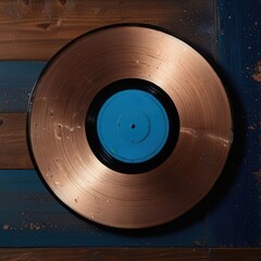 Artistic Metallic Record Flat Lay On Wooden Surface With Shining Rose Gold Finish