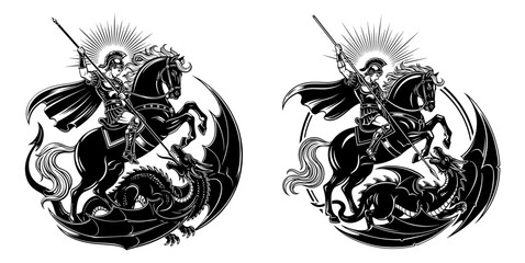 Vector art of saint george slaying the dragon, two versions, vector illustration