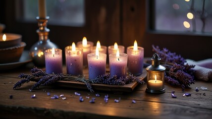 Soft Moonlit Rustic Wood Tray with Lavender Glow Candles in the Cottage