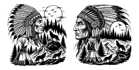 Vector art of native american chief with headdress and wolf howling at the moon hand drawn illustration © msmdesign