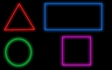 Neon red triangle, green circle, purple square and blue rectangle on black background, colorful geometric set for modern design