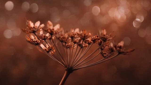 Dried flower with umbrella shape in front of blurred bokeh in earthy orange tones