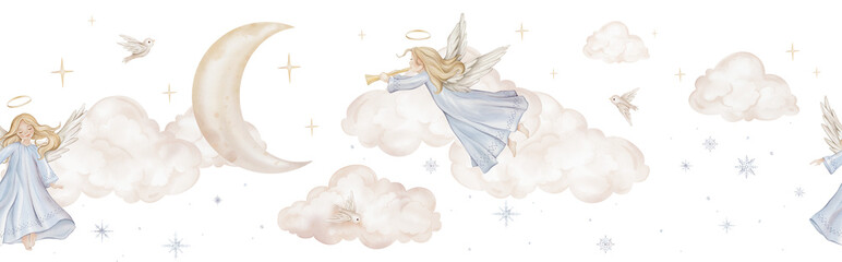 Horizontal seamless border with Christmas composition with angel trumpets nimbus among the clouds moon. Watercolor illustration Christian Nativity angel birds and stars for religious invitation.