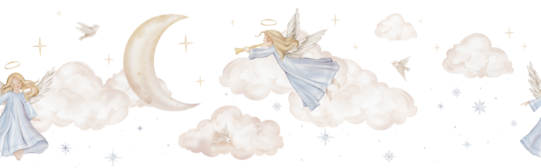 Horizontal seamless border with Christmas composition with angel trumpets nimbus among the clouds moon. Watercolor illustration Christian Nativity angel birds and stars for religious invitation.