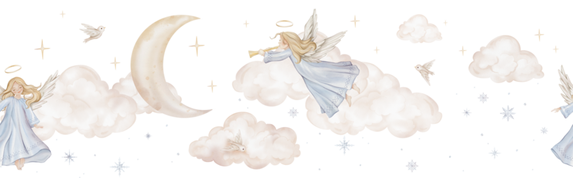 Horizontal seamless border with Christmas composition with angel trumpets nimbus among the clouds moon. Watercolor illustration Christian Nativity angel birds and stars for religious invitation.