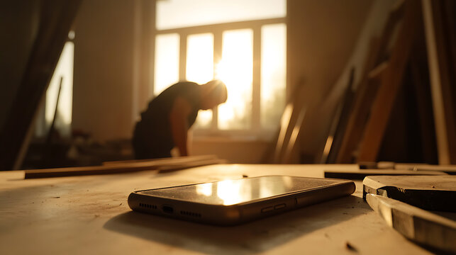 Smartphone on workshop table with carpenter working in the background lit by golden sunlight, creating a warm, authentic atmosphere - Powered by Adobe