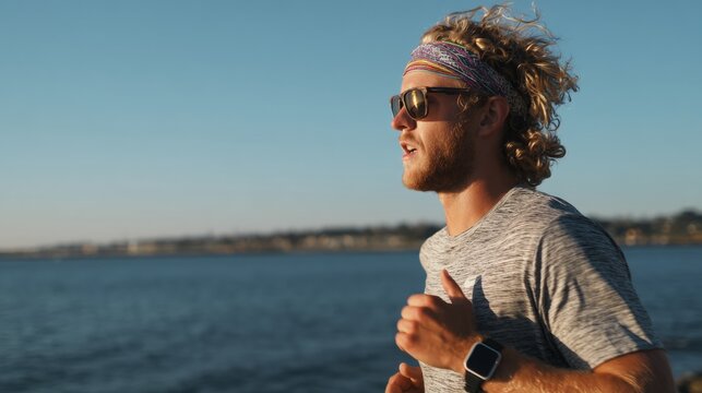 Runner with Headband and Smartwatch Jogging Along Shoreline at Sunset