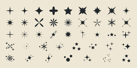 Obraz premium Blinking stars, sparks and sparkles set. Abstract shine effect sign. Aesthetic vector hand-drawn star shapes, sparkles, and decorative bursts perfect for design, branding, or festive illustrations