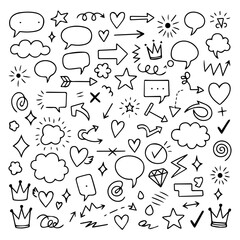 Hand-Drawn Doodle Style Speech Bubbles, Hearts, Stars, and Decorative Elements for Creative Designs and Social Media Graphics