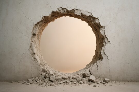 Circular Breach: A stark illustration of a circular breach in a wall, the aftermath of impact or a deliberate opening. The neutral backdrop highlights the raw textures and structural damage.
