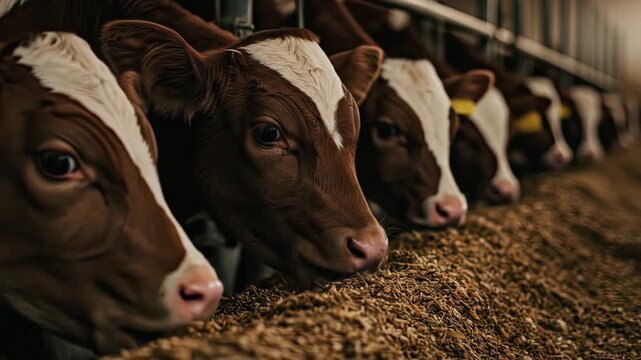 Cattle in a row agricultural scene depicting livestock in barn setting